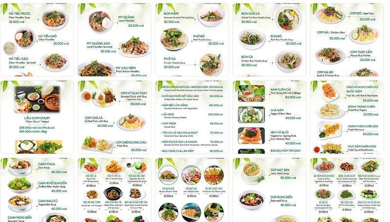 Thực đơn và giá của các món chay tại nhà hàng