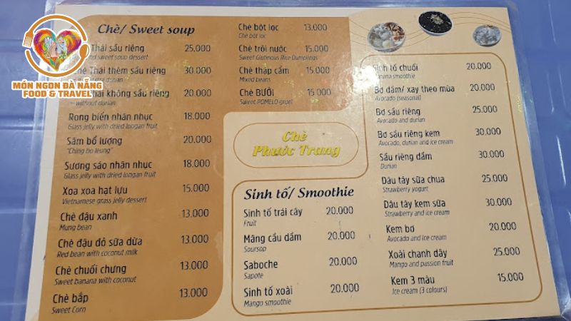 Menu tại quán chè trôi nước Đà Nẵng Phước Trang